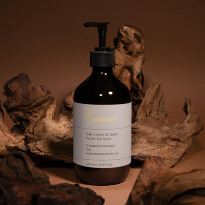 SELNAMED Longevity 2-in-1 Hair and Body Wash for men in a 490 ml brown bottle, showing the product label and packaging.