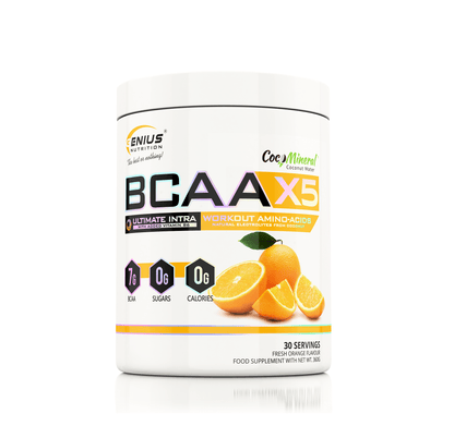 Genius Nutrition BCAA-X5 supplement in orange flavor, 360g container with 30 servings, dietary amino acid powder.