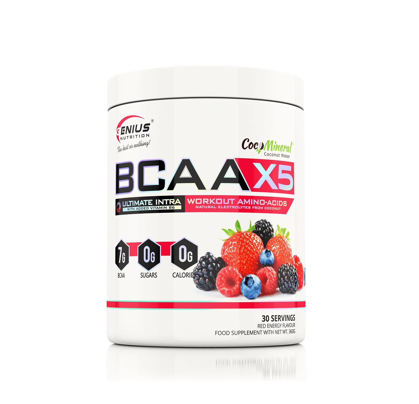 Genius Nutrition BCAA-X5 supplement in 360g container with red energy label, showing the powder inside.