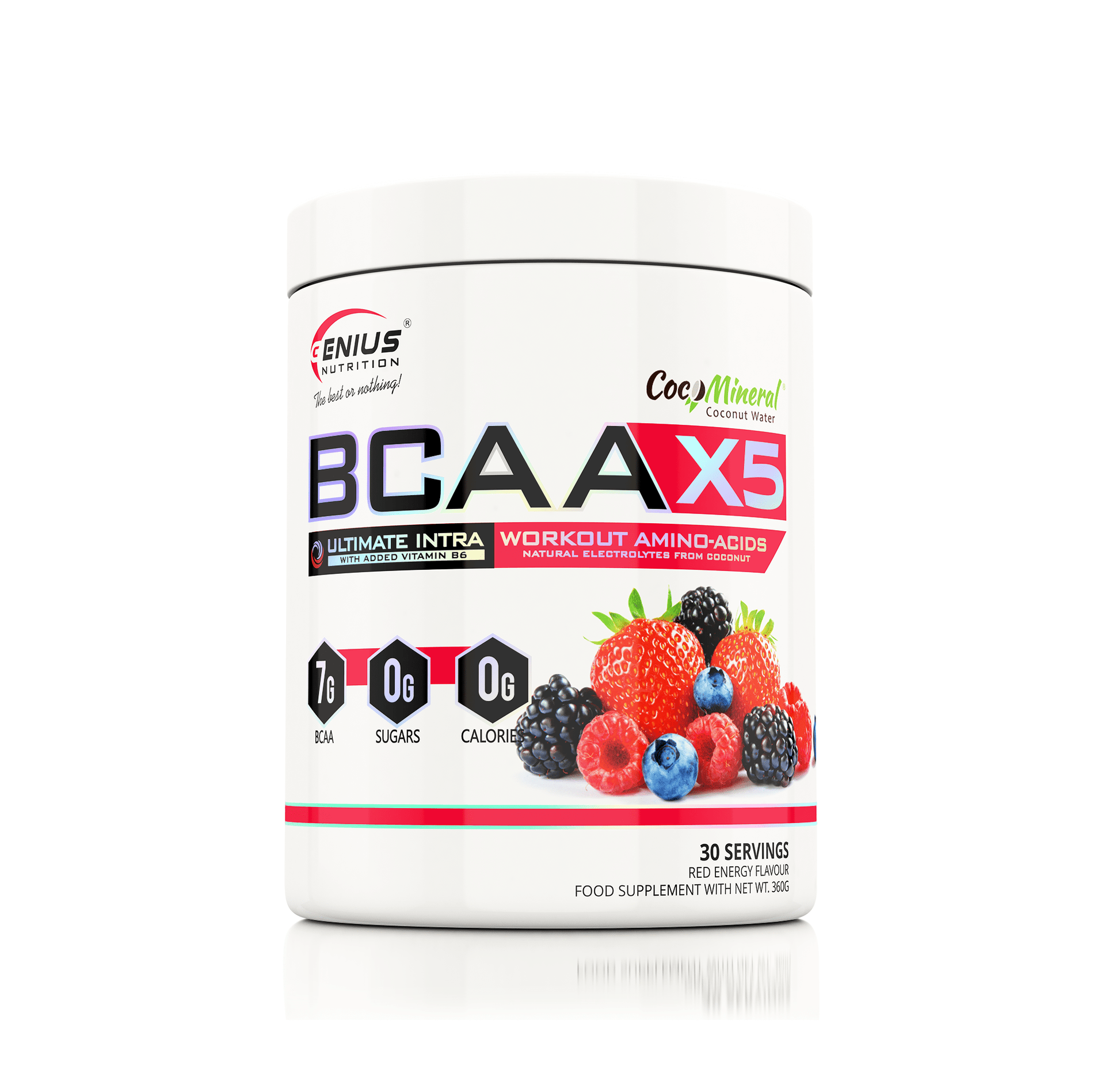Genius Nutrition BCAA-X5 supplement in 360g container with red energy label, showing the powder inside.