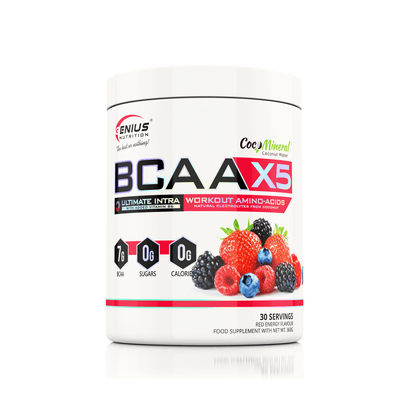 Genius Nutrition BCAA-X5 supplement in 360g container with red energy label, showing the powder inside.