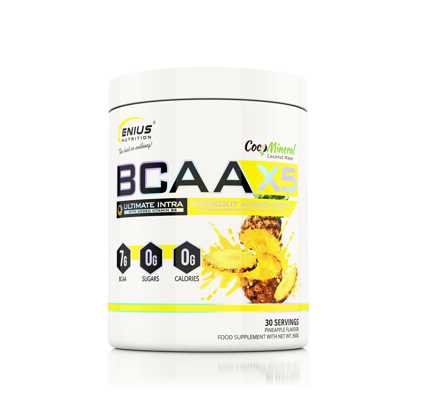 Genius Nutrition BCAA-X5 supplement in pineapple flavor, 360g bottle with 30 servings, showing the product packaging.