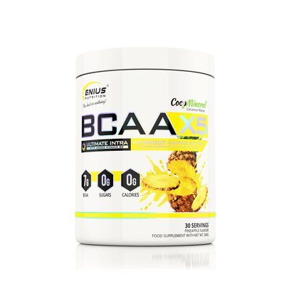 Genius Nutrition BCAA-X5 supplement in pineapple flavor, 360g bottle with 30 servings, showing the product packaging.
