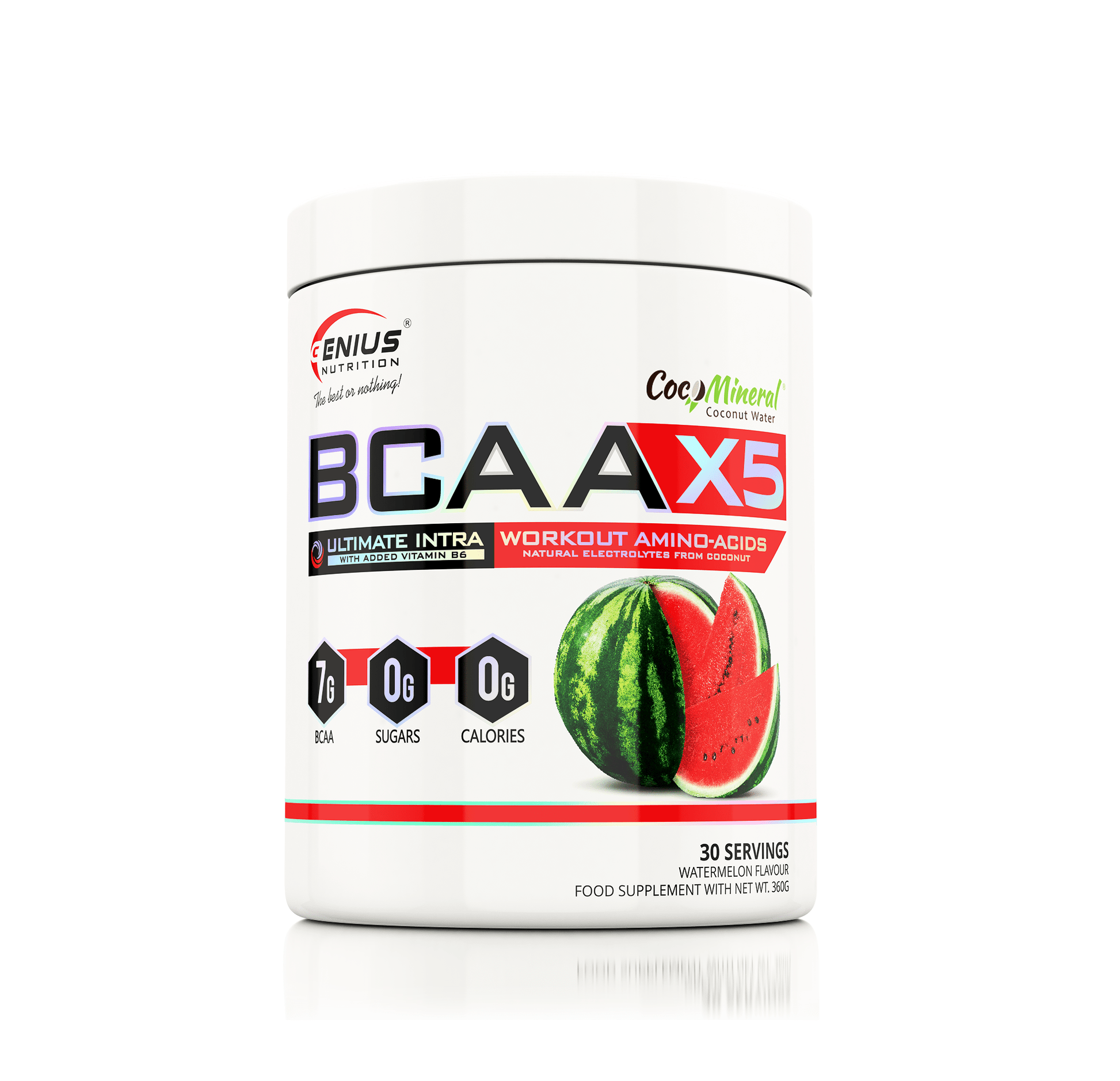 Genius Nutrition BCAA-X5 supplement in watermelon flavor, 360g jar with 30 servings, showing the product container and label.