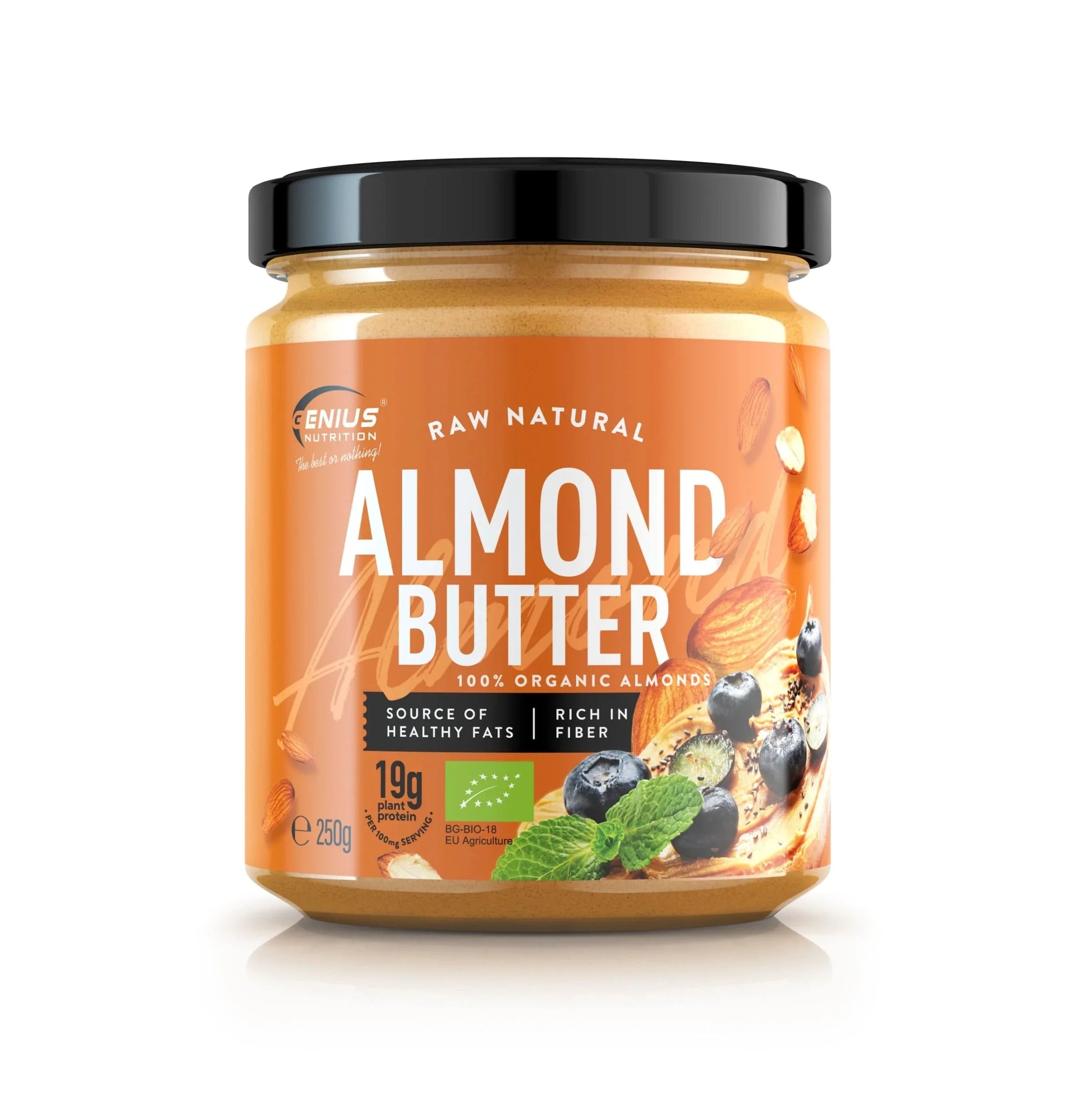 Creamy BIO almond butter from Genius Nutrition in a 250g jar, perfect for spreads and healthy snacks.