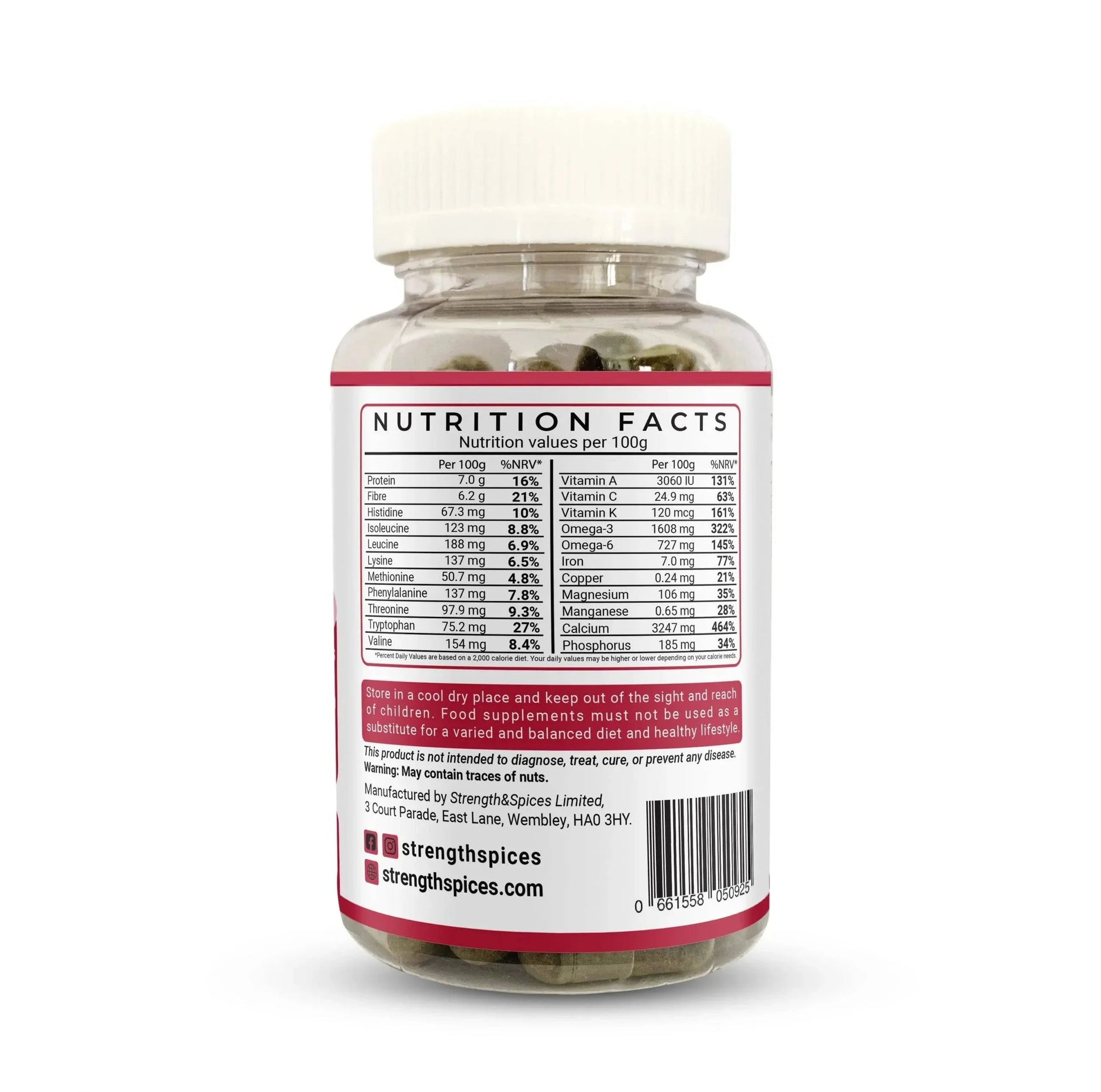 Blood pressure supplement by Strength & Spices in a bottle of 90 capsules, featuring herbal and spice ingredients for support.