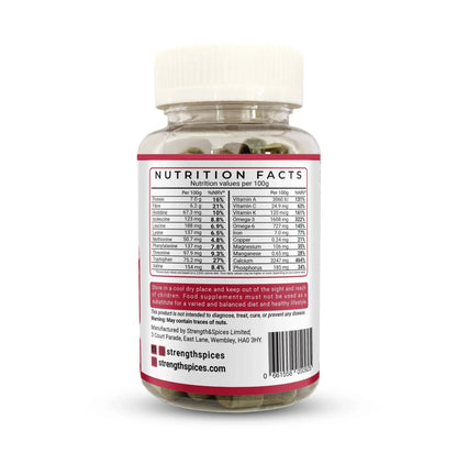 Blood pressure supplement by Strength & Spices in a bottle of 90 capsules, featuring herbal and spice ingredients for support.