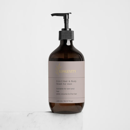 SELNAMED Longevity 2-in-1 Hair and Body Wash for men, 490ml, featuring a sleek bottle with a modern label and Boston marble background.