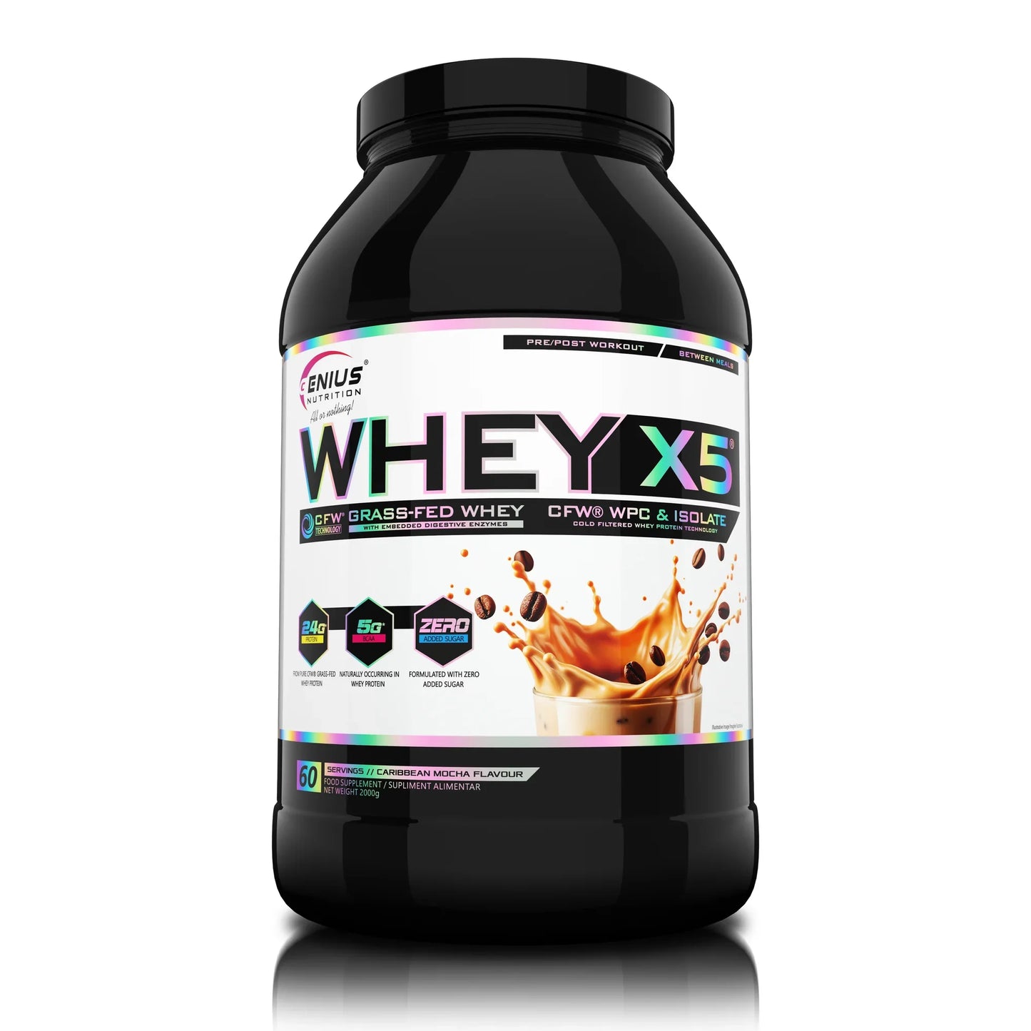 Genius Nutrition WHEY-X5 protein powder in Caribbean flavor, 900g container with scoop, for muscle recovery and nutrition.
