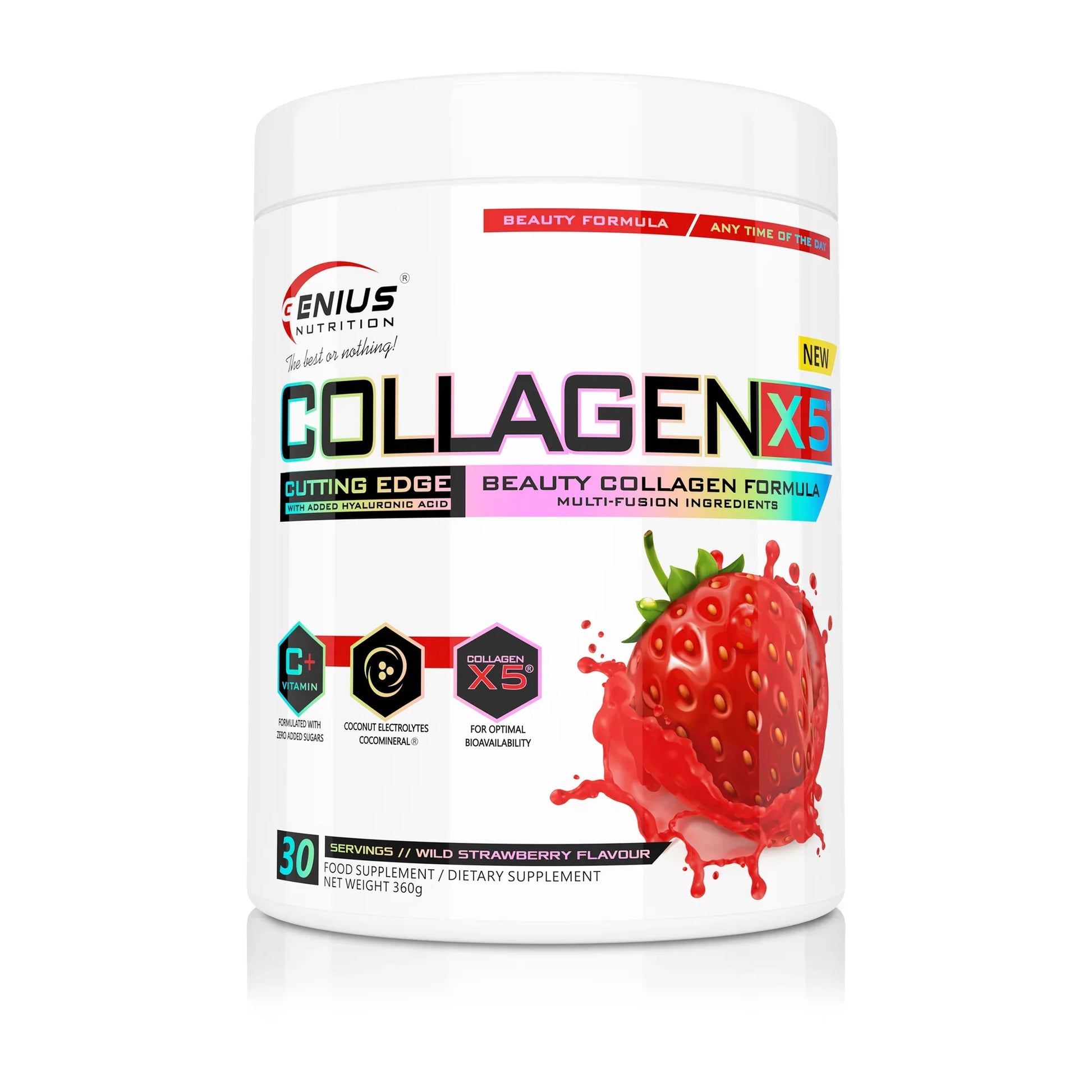 Genius Nutrition COLLAGEN-X5 supplement in wild strawberry flavor, 360g jar with 30 servings, showing the product container and label.