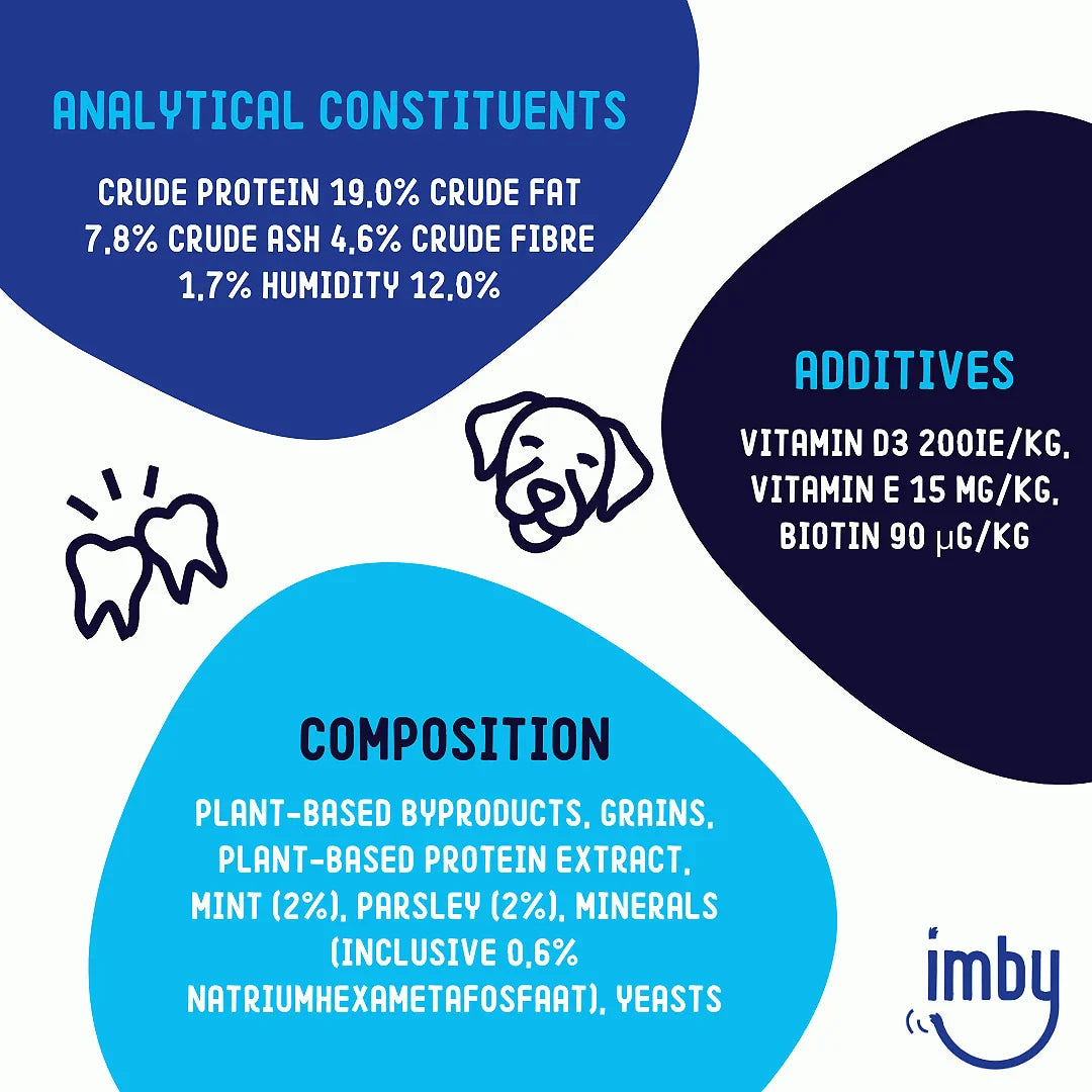 IMBY Dental Sticks for dogs, 100g pack, with natural ingredients, designed to promote dental health and freshen breath.