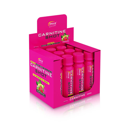 Genius Nutrition Carnitine Shot 80ml supplement in a white box on a plain background, showcasing the product packaging.