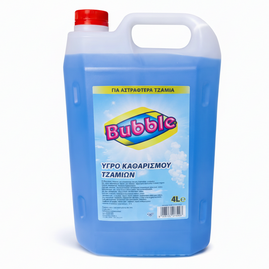 Green Life World Bubble Blue Glass Cleaner 4L bottle showing clear liquid and label with blue accents.