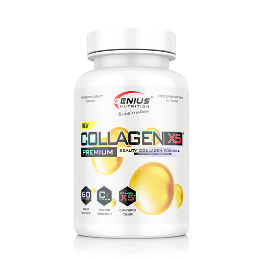 Genius Nutrition Collagen-X5 supplement bottle with 60 capsules for skin and joint health support.