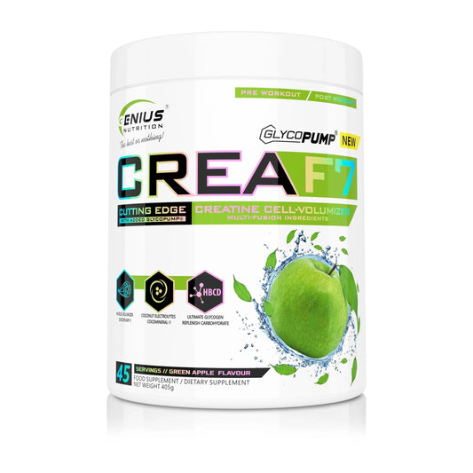 CreaF7 green apple flavored supplement by Genius Nutrition in a 405g container with 45 servings.