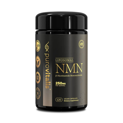 Herbalistas Liposomal NMN supplement in vegan capsules, 120 count, with white bottle and label showing product details.