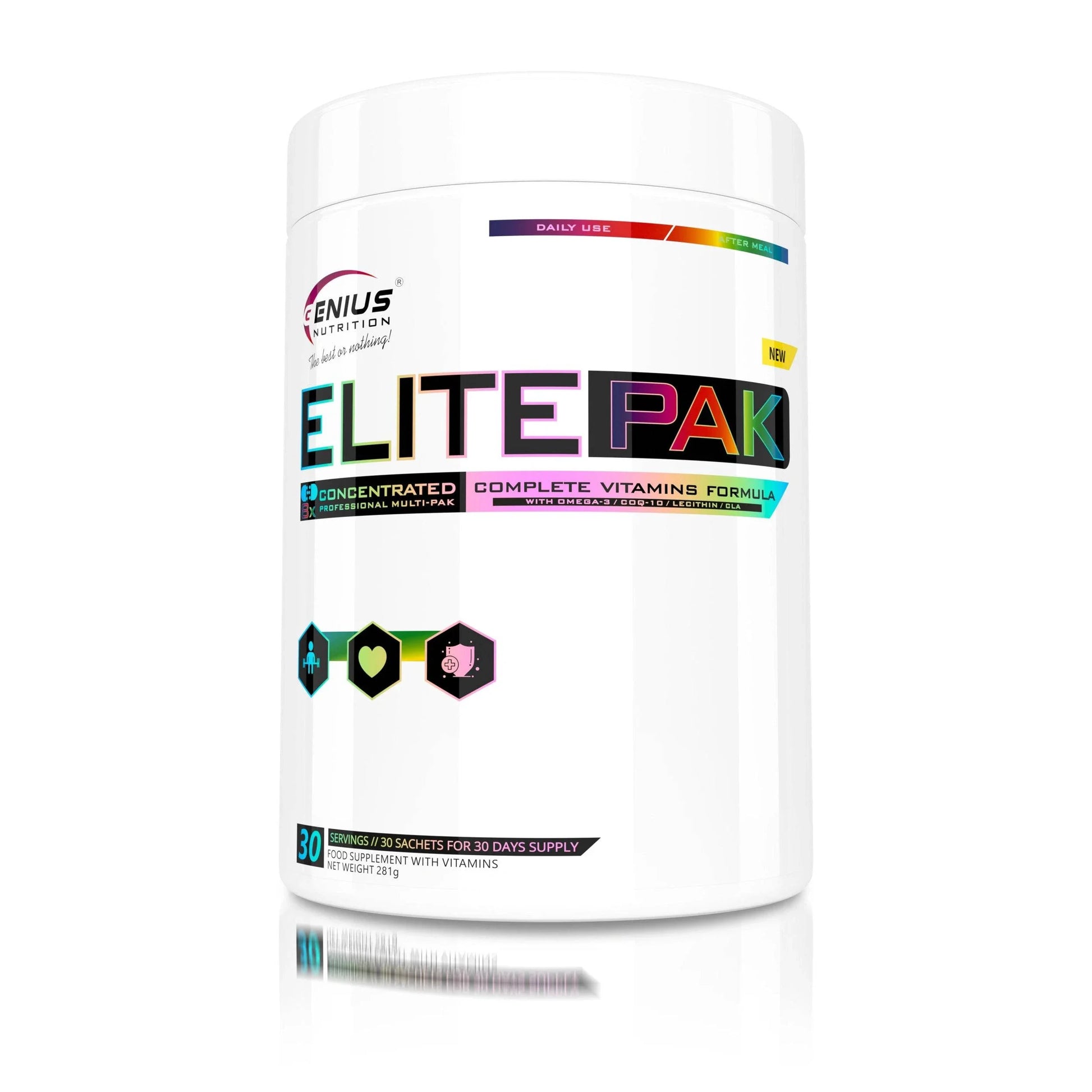 Genius Nutrition ELITEPAK supplement boxes with 30 packs, featuring individually wrapped nutritional supplements for daily health.