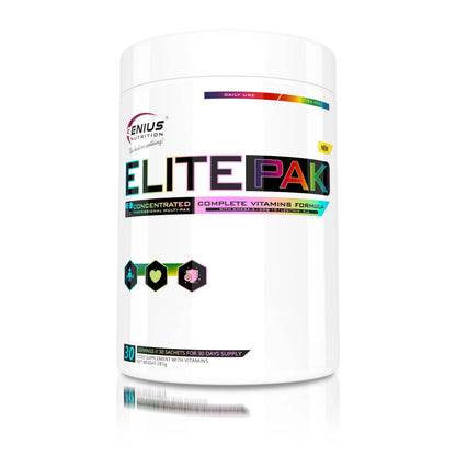 Genius Nutrition ELITEPAK supplement boxes with 30 packs, featuring individually wrapped nutritional supplements for daily health.