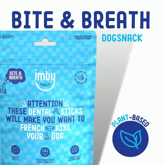 IMBY dental sticks for dogs, 100g pack, showing the packaging with the dog-friendly treat sticks in front.