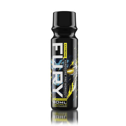 Genius Nutrition Fury Extreme Shot 80ml energy drink with pineapple flavor, in a small black bottle labeled Furyshot.