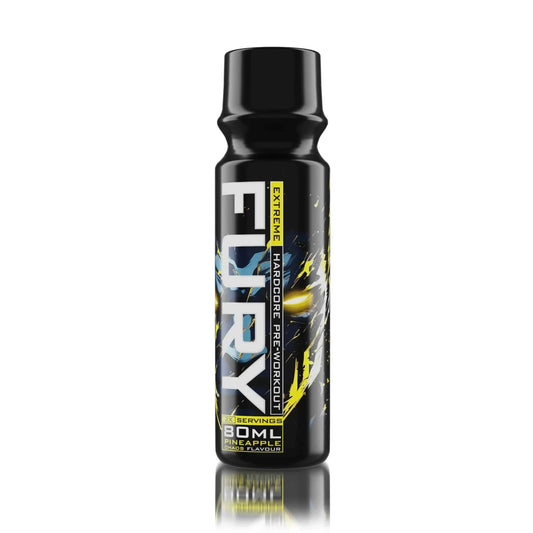 Genius Nutrition Fury Extreme Shot 80ml energy drink with pineapple flavor, in a small black bottle labeled Furyshot.