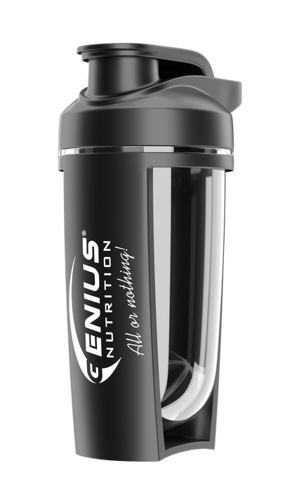 Black G-SHAKER 500ML from Genius Nutrition, a sleek shaker bottle with a secure lid and mixing ball for protein shakes and supplements.