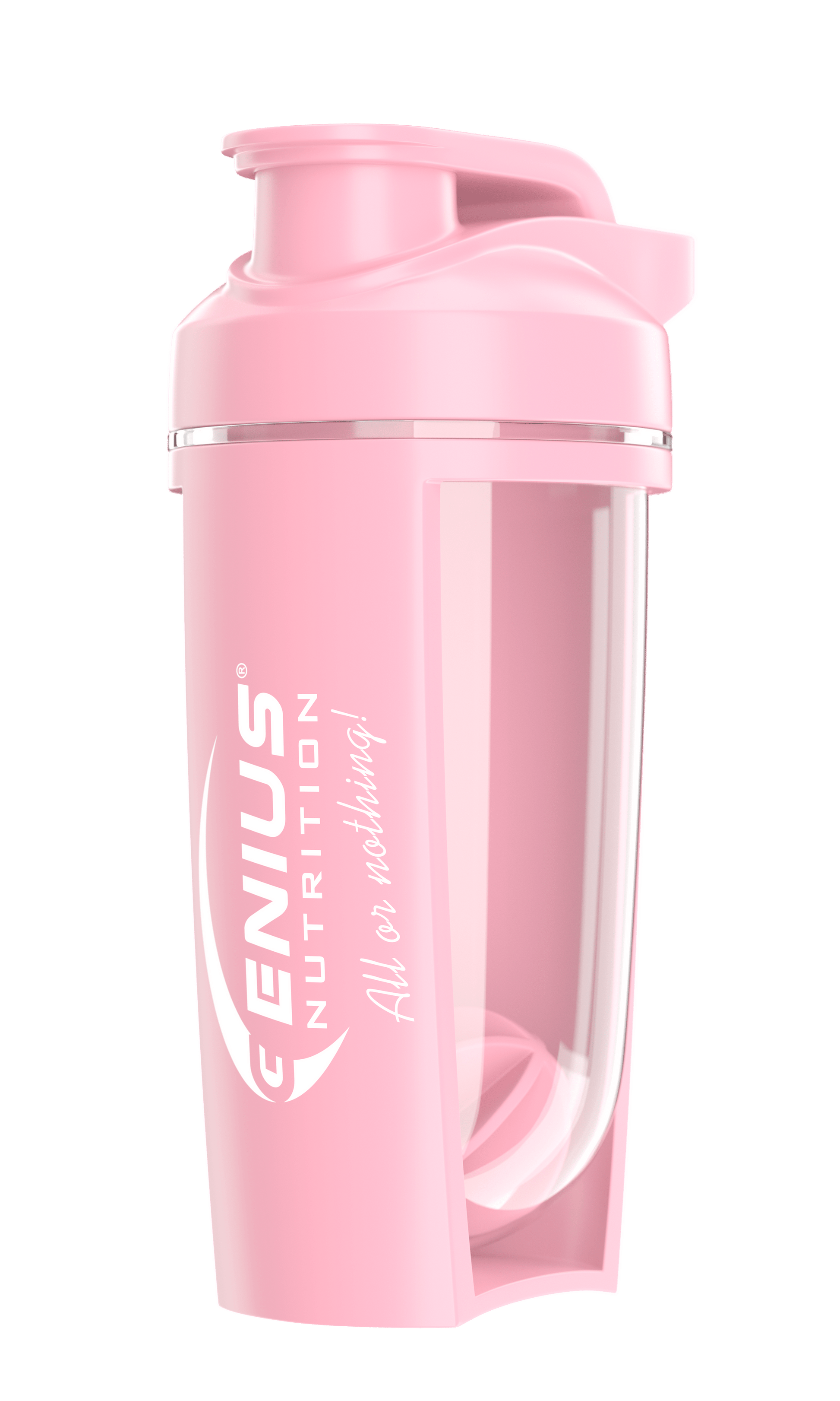 Pink G-Shaker 500ml by Genius Nutrition, a sleek protein shaker bottle with a secure lid and mixing ball for smoothies and supplements.