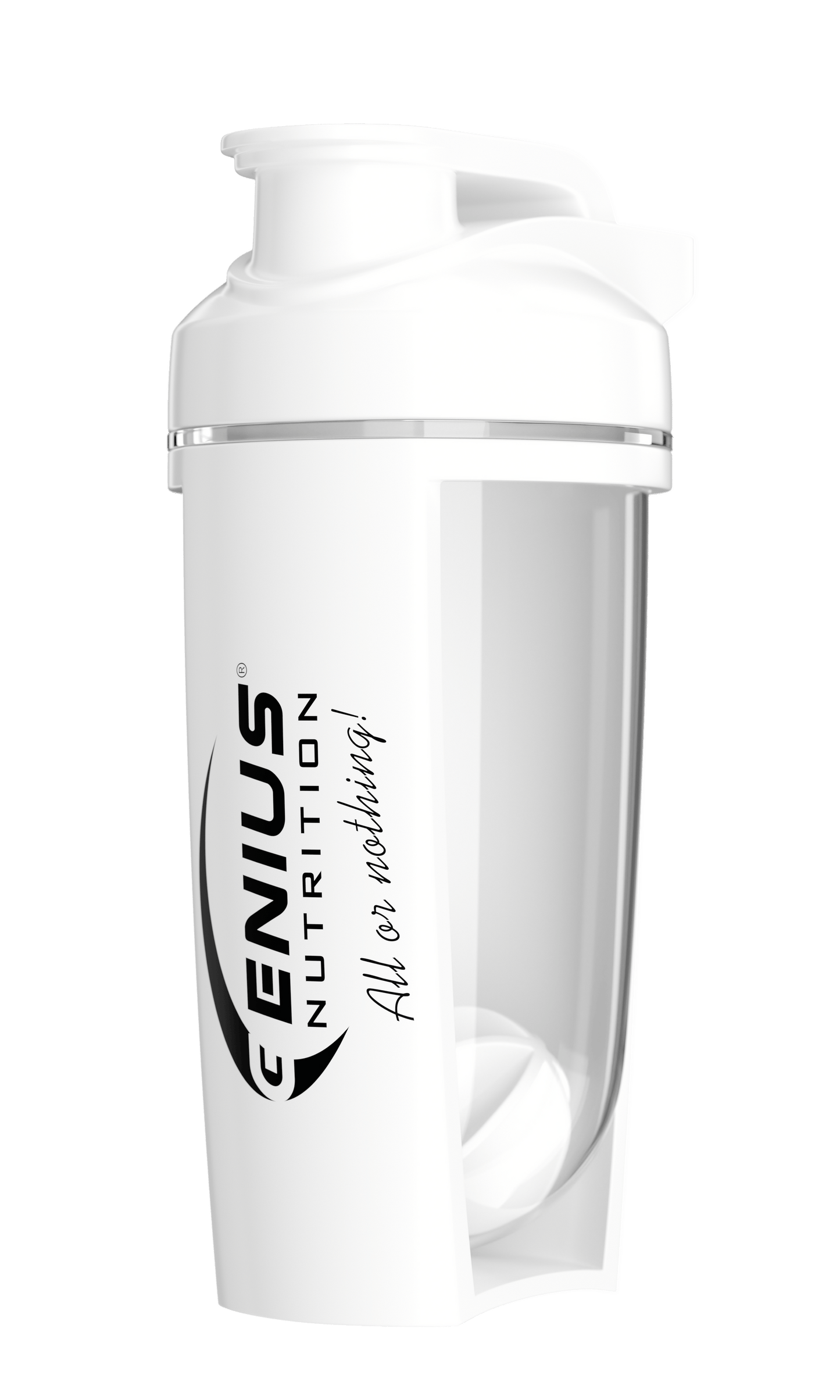 White G-Shaker 500ml by Genius Nutrition, a sleek plastic bottle with a screw-on lid and mixing ball for shakes and smoothies.