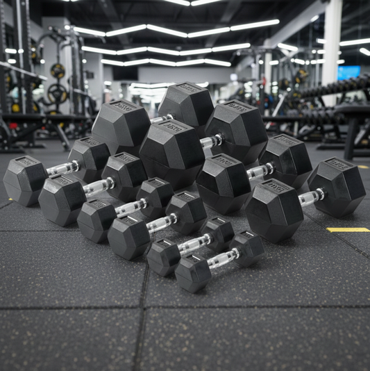 Viking Fitness professional hexagon dumbbell in black with textured grip, designed for strength training and weightlifting.