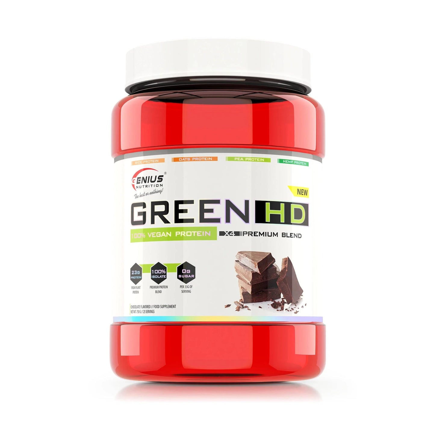 Vegan Protein Green-HD powder by Genius Nutrition in 750g container, showing the green-labeled protein powder package.
