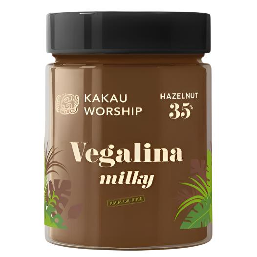 Kakau Worship Vegalina Milky hazelnut spread jar, 350g, with creamy hazelnut and milk texture visible in the image.