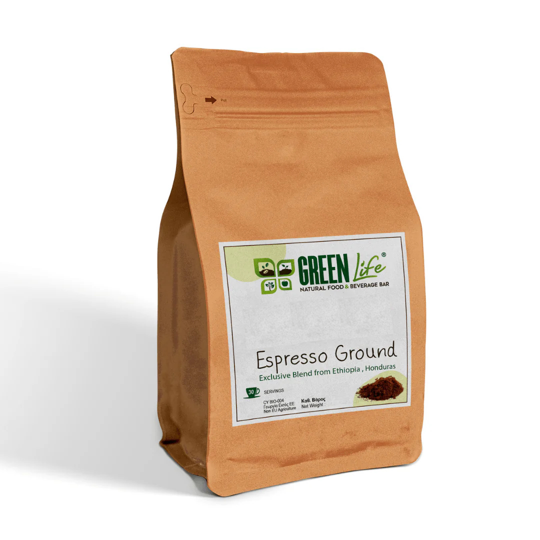 Green Life Cyprus espresso ground coffee in a 200g pack, showing the rich, dark coffee grounds ready for brewing.
