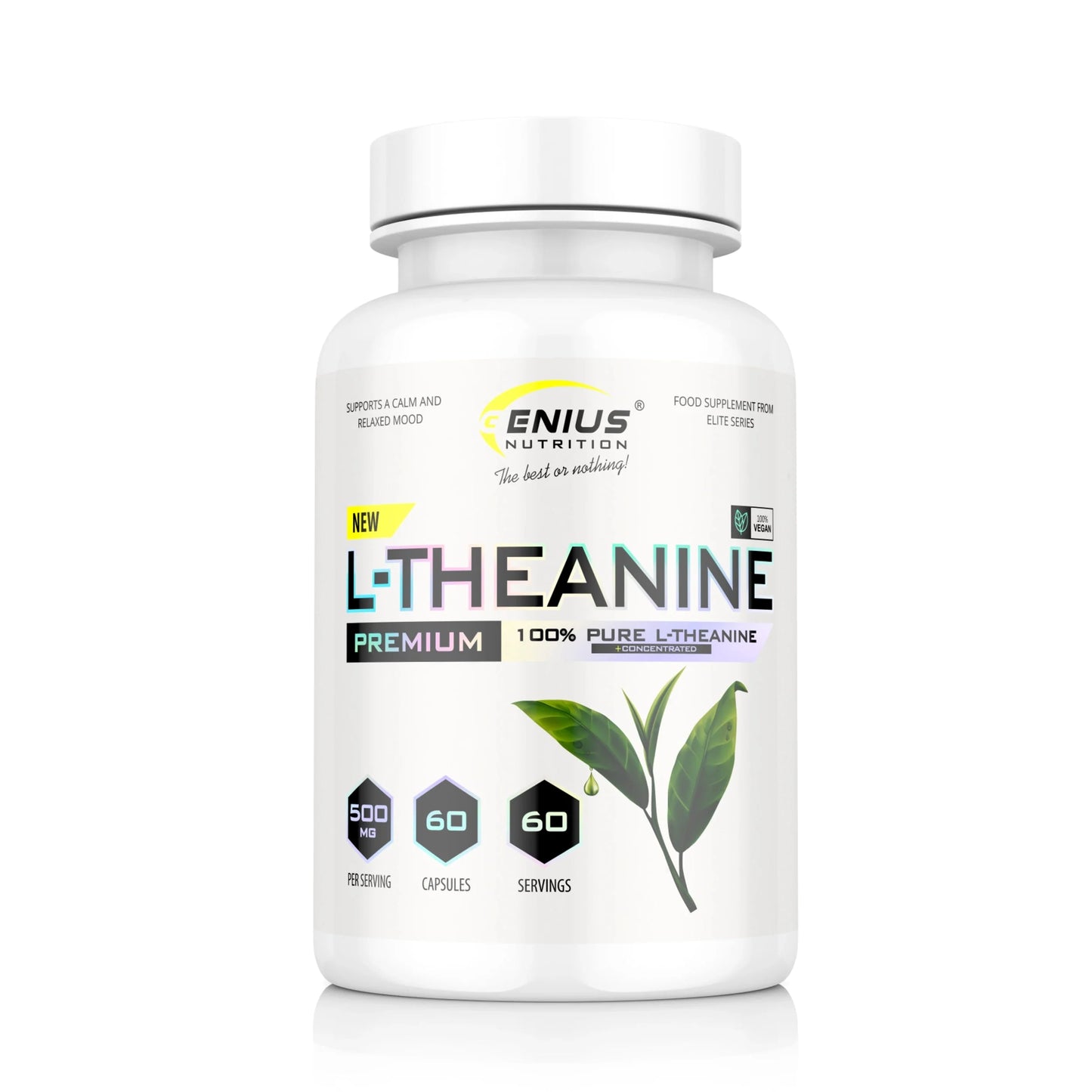Genius Nutrition L-Theanine supplement bottle with 60 capsules, dietary supplement for relaxation and stress support