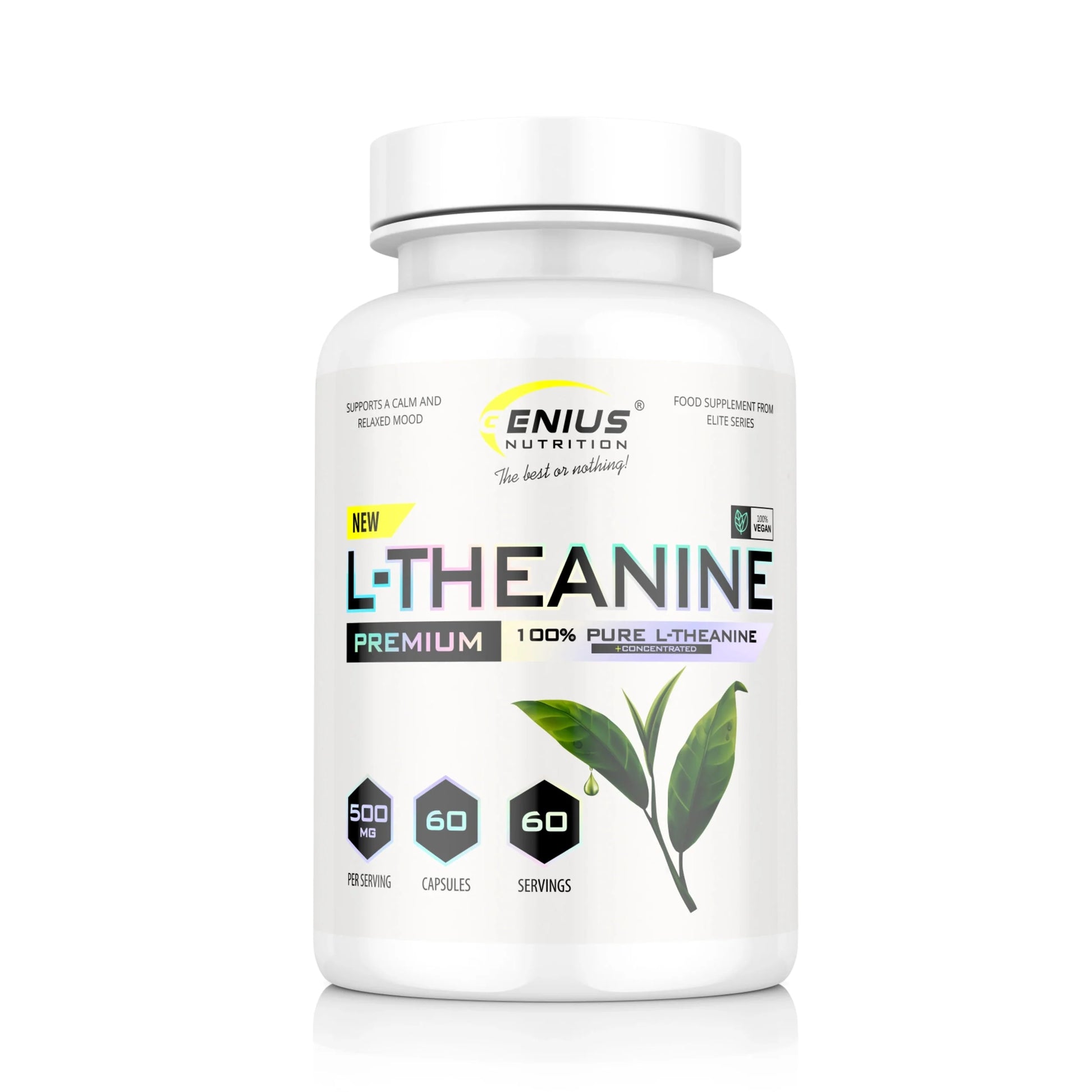 Genius Nutrition L-Theanine supplement bottle with 60 capsules, dietary supplement for relaxation and stress support
