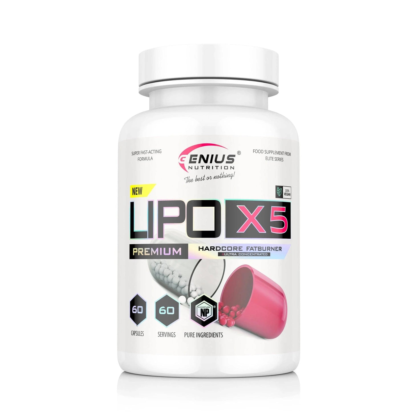 Genius Nutrition LIPO-X5 supplement bottle with 60 capsules, labeled as a weight loss and energy support supplement.