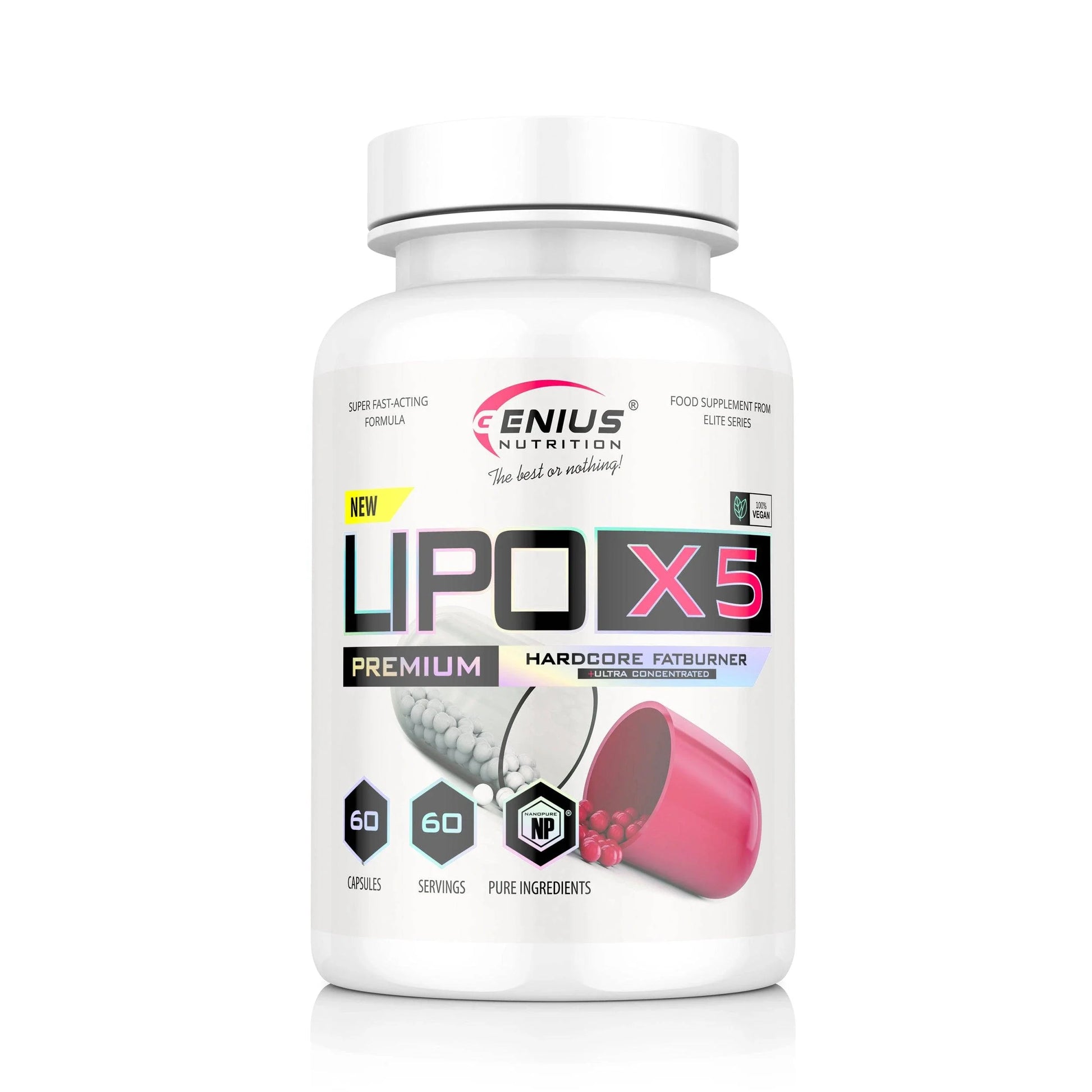 Genius Nutrition LIPO-X5 supplement bottle with 60 capsules, labeled as a weight loss and energy support supplement.