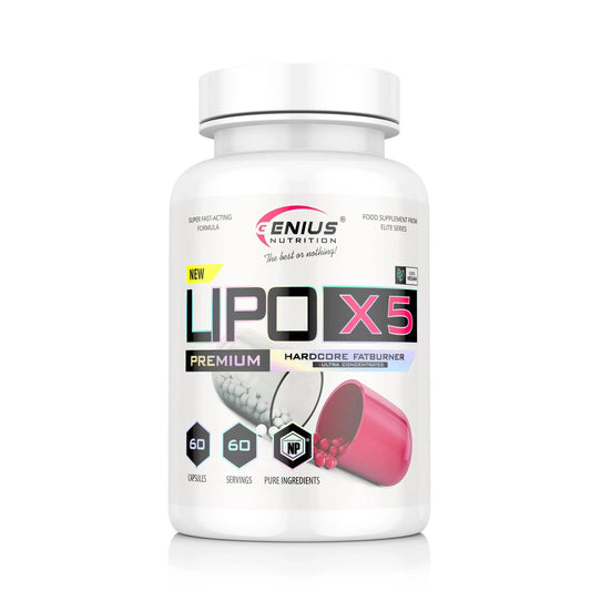 Genius Nutrition LIPO-X5 supplement bottle with 60 capsules, labeled as a weight loss and energy support supplement.