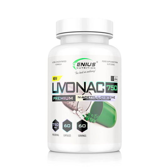 Genius Nutrition Livonac750 supplement bottle with 60 capsules, featuring a white label and blue accents on a white background.