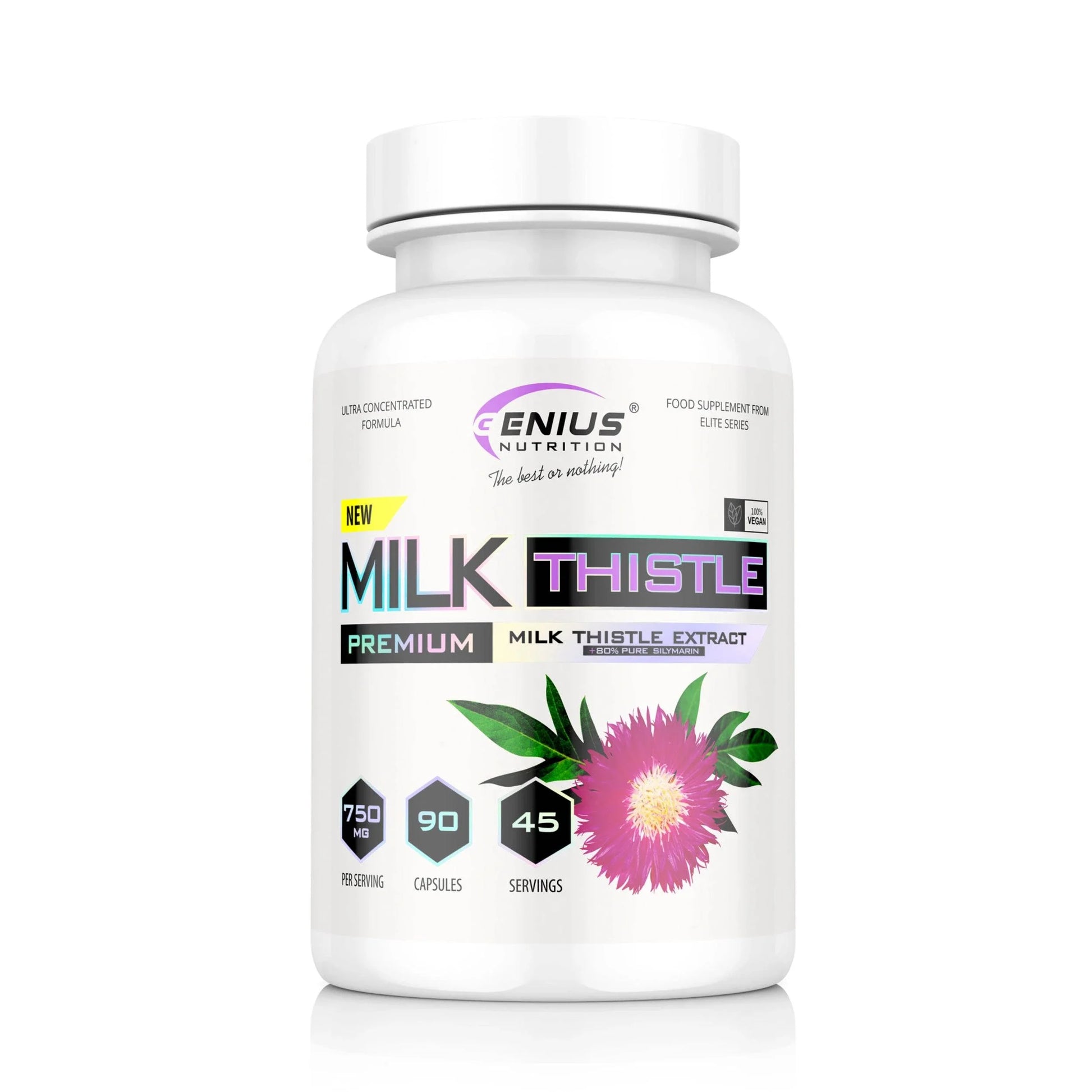 Genius Nutrition Milk Thistle supplement bottle with 90 capsules, natural herbal supplement for liver support