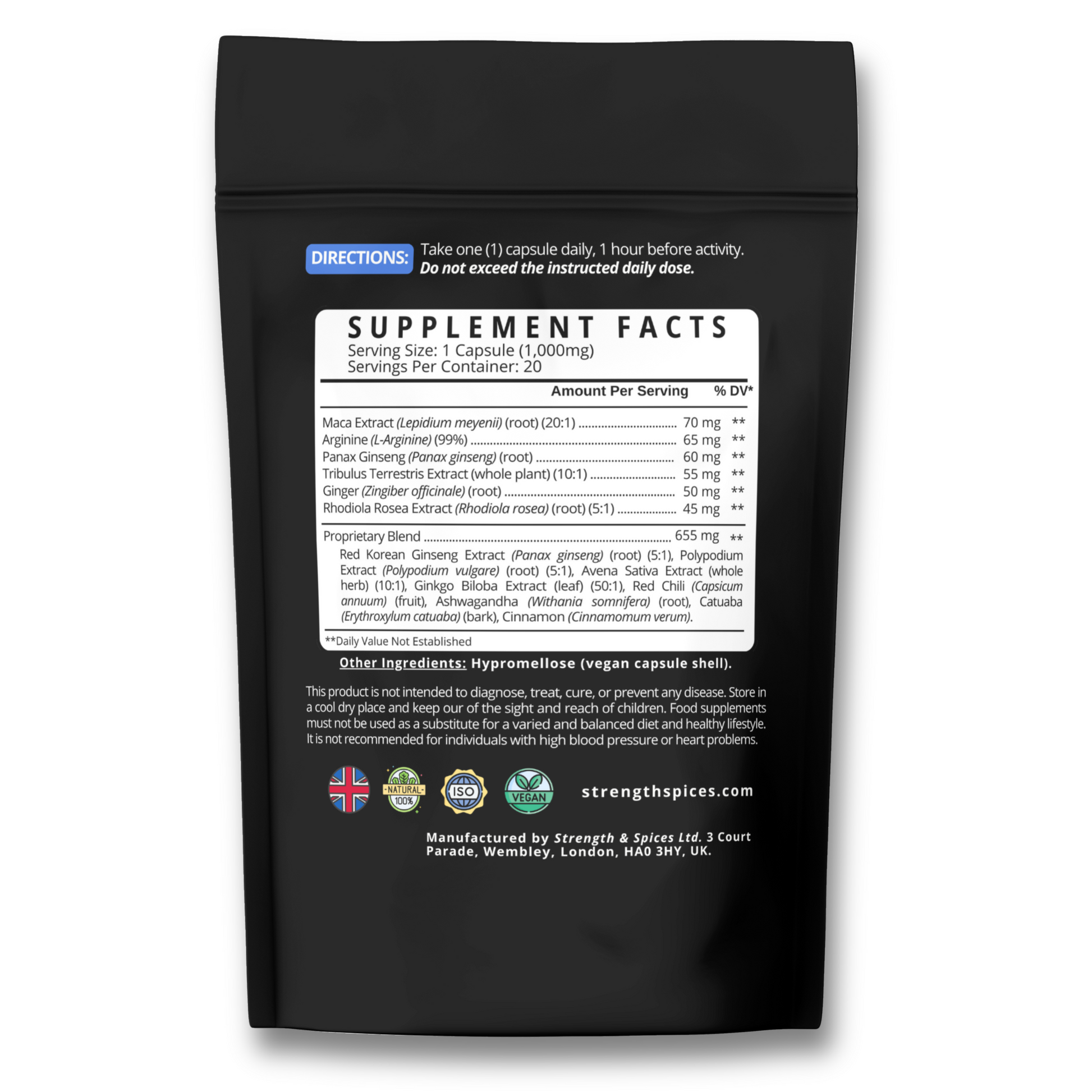 Natagra male vitality supplement by Strength & Spices, 20 capsules of 1000mg formula, featuring natural ingredients and herbal spices.