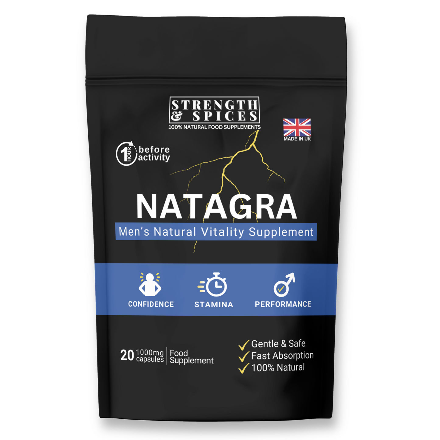 Natagra male vitality supplement by Strength & Spices, 20 capsules, 1000mg, featuring natural ingredients and dietary support.