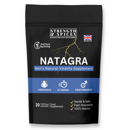 Natagra male vitality supplement by Strength & Spices, 20 capsules, 1000mg, featuring natural ingredients and dietary support.