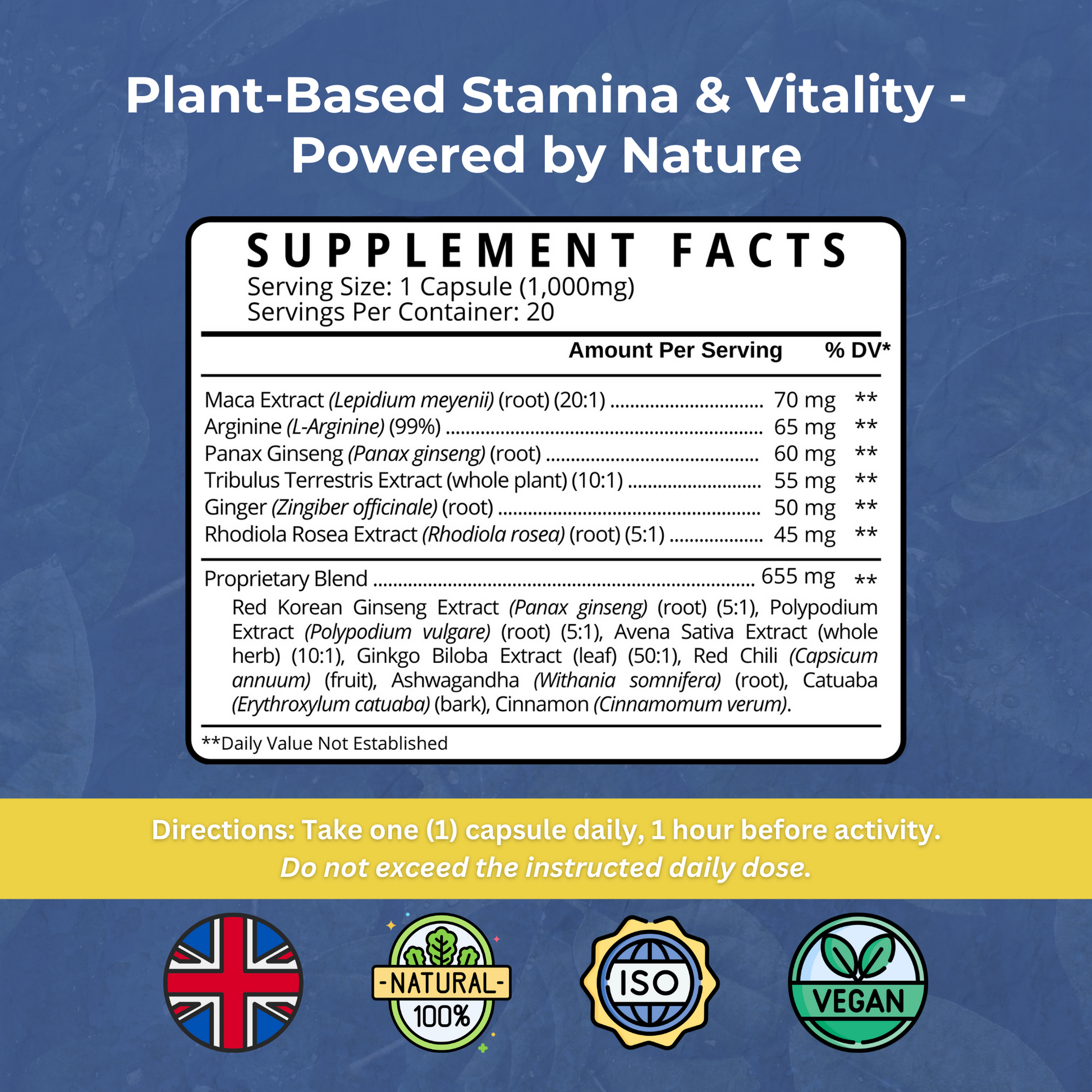Natagra male vitality supplement in a bottle with 20 capsules, featuring natural ingredients and spice extracts for energy support.