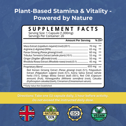 Natagra male vitality supplement in a bottle with 20 capsules, featuring natural ingredients and spice extracts for energy support.