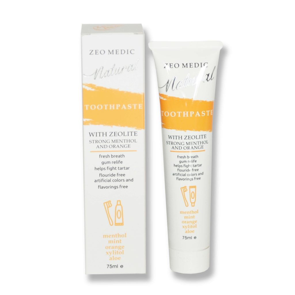 ZEO-MEDIC Natural Toothpaste with Zeolite and Xylitol in orange, menthol, and mint flavor, featuring a tube of oral hygiene product.