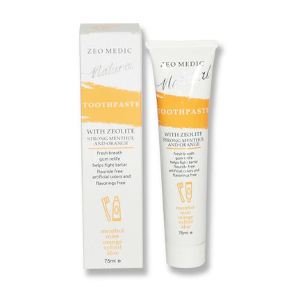 ZEO-MEDIC Natural Toothpaste with Zeolite and Xylitol in orange, menthol, and mint flavor, featuring a tube of oral hygiene product.