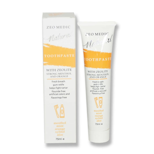 ZEO-MEDIC Natural Toothpaste with Zeolite and Xylitol in orange, menthol, and mint flavor, featuring a tube of oral hygiene product.