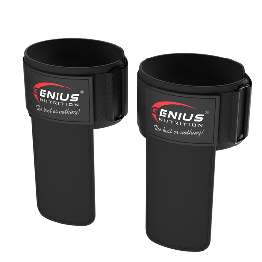 Black BENZI Incheieturi grip pads from Genius Nutrition, designed for hand and wrist support during workouts.