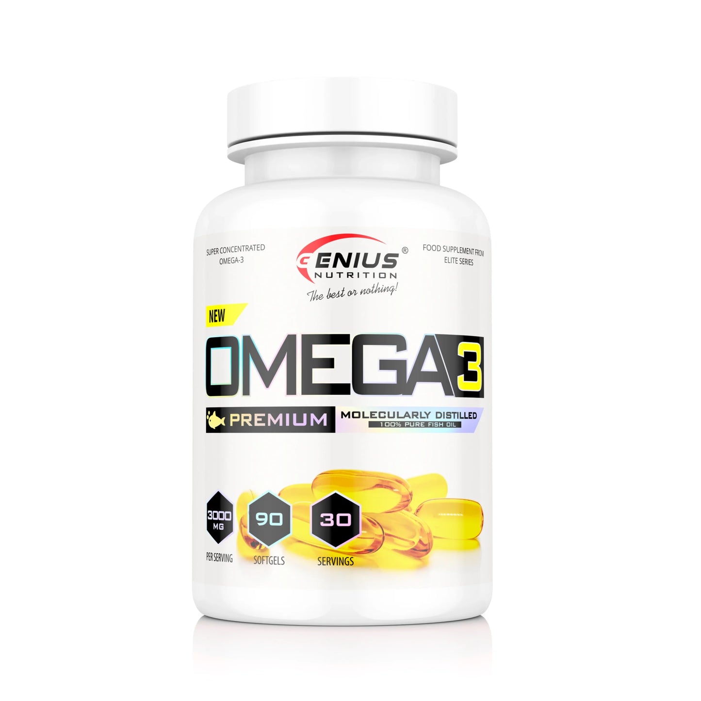 Omega-3 softgels supplement by Genius Nutrition, showing a bottle of 90 omega-3 softgel capsules.
