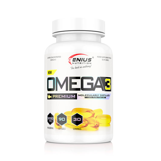 Omega-3 softgels supplement by Genius Nutrition, showing a bottle of 90 omega-3 softgel capsules.